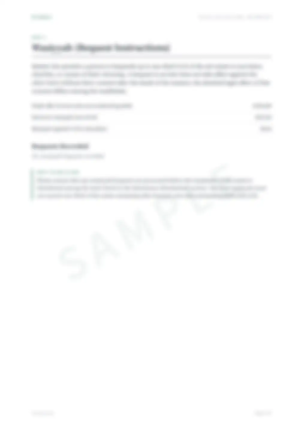 Page 3 of the sample letter, blurred: Part 2, Wasiyyah (Bequest Instructions).